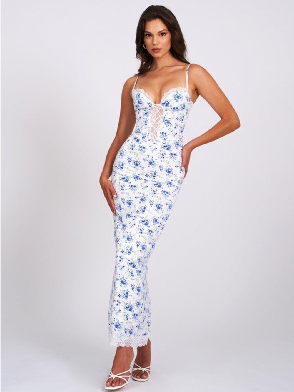 White Floral Lace-Up Midi Dress with Blue Print